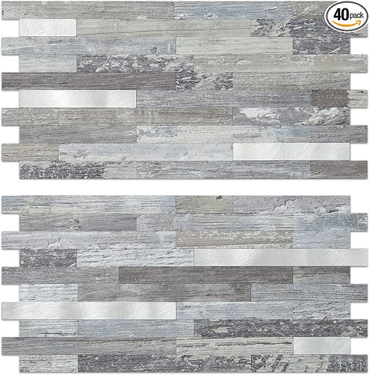 AULIGET 40 Sheets Peel and Stick Backsplash, Distressed Wood Look PVC Wall by AULIGET
