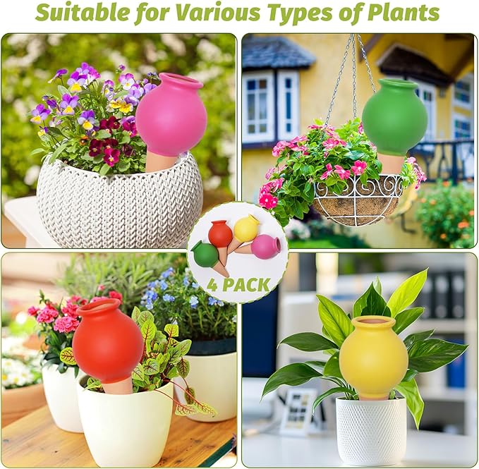 Terracotta Self Watering Spikes, 4 Pack Watering Bulbs for Indoor Outdoor Plants, Vacation Slow Release Plant Self Watering Planter Insert Devices, Colorful Water Globes While Away