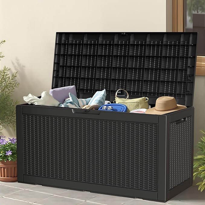 100 Gallon Storage Box, Waterproof Resin Deck Box with Hydraulic Piston Design, Lockable Storage Bench for Package Delivery, Storage Bin for Patio Cushions, Garden Tools, Black