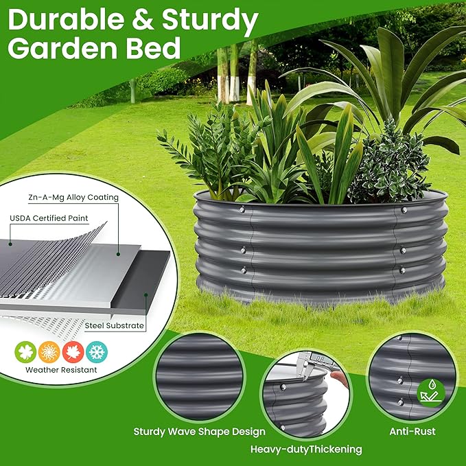 Round Raised Garden Beds, 42''x42''x17''Outdoor Galvanized Garden Planter Box for Vegetable Fruits Flower Herb (Deep Grey)