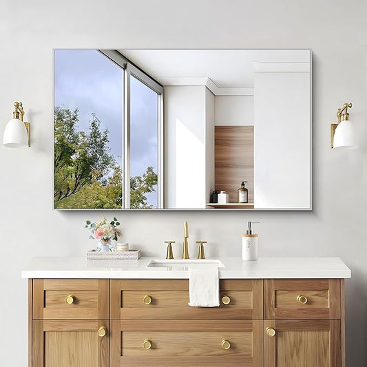 KOCUUY Silver Bathroom Mirror, HD Tempered Glass, Anti-Rust Brushed Silver Frame - Image 2