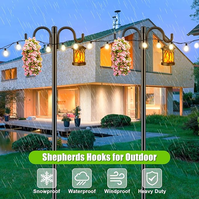 Gtongoko Double Shepherds Hook for Outdoor, 2 Pack 61.5 Inch Heavy Duty Bird Feeder Pole 3/4 Inch Thick Garden Hooks for Hanging Hummingbird Feeder, Plant Baskets, Solar Light Lanterns