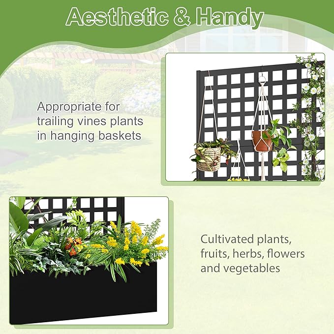 Metal Raised Garden Bed, Trellis Planters Bed with Drainage Holes for Climbing Plants, Vegetables Outdoor Privacy Screen with Planter Box 73"x35"x16", Black
