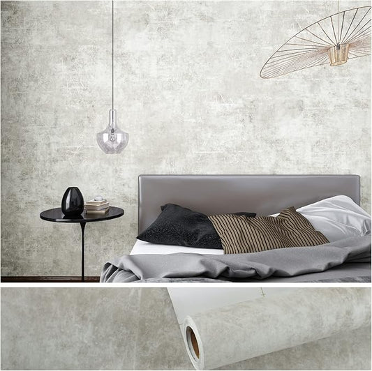 VEELIKE Distressed Light Grey Concrete Wallpaper Peel and Stick Modern Limewash by VEELIKE