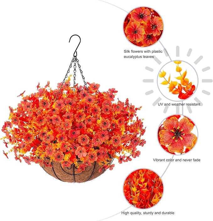 Artificial Fake Fall Autumn Hanging Mums Flowers Plants Basket for Outdoor Outside Decor, Faux Silk Orange Dasiy Flower Look Real UV Resistant for Porch Home Patio Garden Decoration