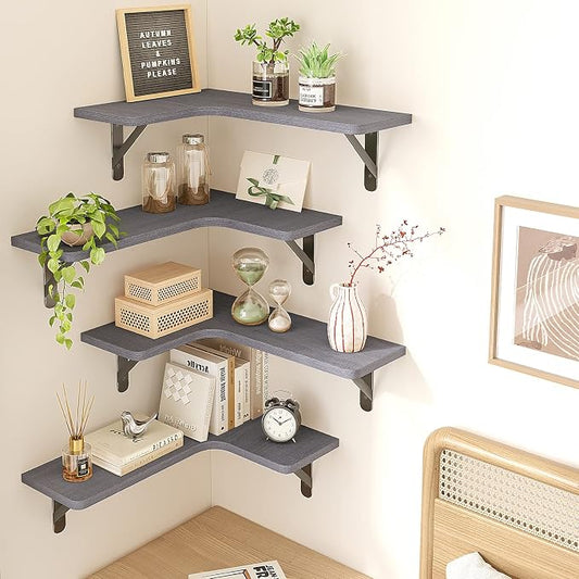 Fixwal Corner Floating Shelves Set of 5, Rustic Wood Wall Mounted Corner Shelf - Image 2