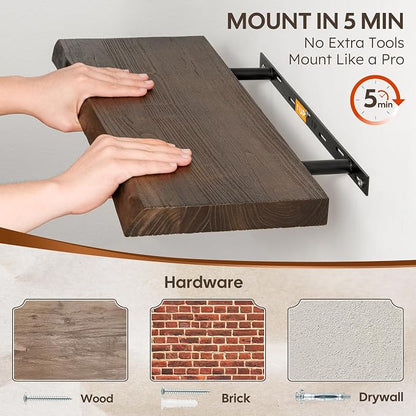 Floating Shelves Set of 2, Solid Elm Wood Wall Shelves 36 Inch - Image 4