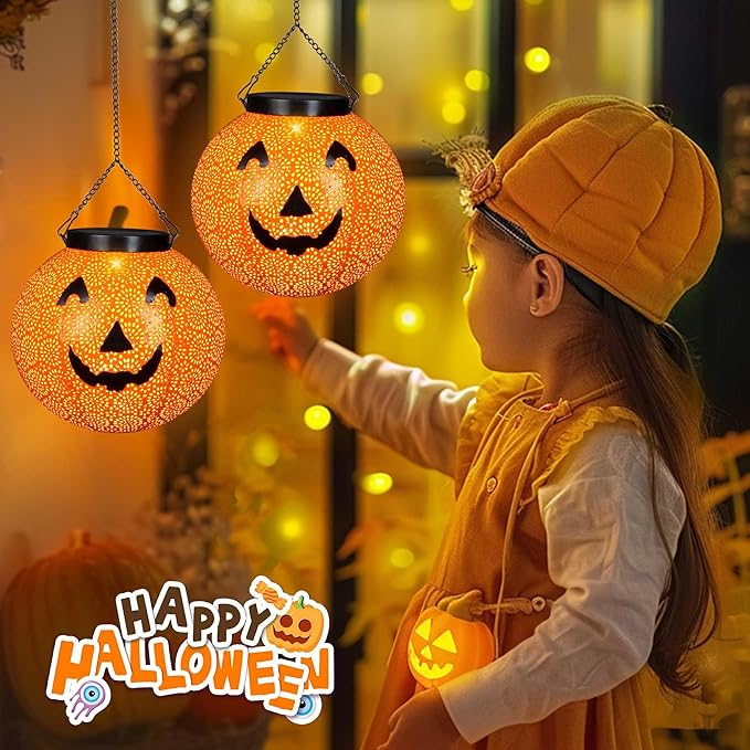 Halloween Solar Lantern Hanging Pumpkin Lights Outdoor Decoration - Solar Powered Lantern Lights Waterproof LED Decorative Lights for Porch Backyard Garden Tree Indoor Orange Halloween Lights Decor