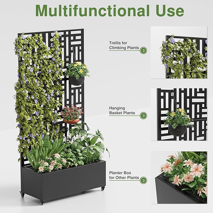 Casaphoria Metal Raised Garden Bed with Trellis and Wheels, 72"x35"x16" Planter Box for Climbing Plants, Vegetables & Vines, Features Drainage Holes and Privacy Screen (Black-Helen)