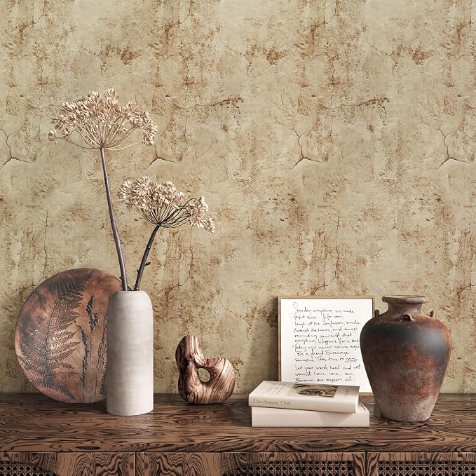 VEELIKE Grunge Cracked Concrete Wallpaper Peel and Stick 118''x32'' Wide Beige by VEELIKE