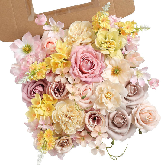 Artificial Flowers Combo for DIY Centerpieces Arrangements Wedding Bouquets Centerpieces Arrangements Party Baby Shower Home Decorations (Yellow Pink)
