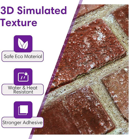 3D Peel and Stick Faux Brick Wall Panels 11.8" x 11.8" 10-Pack Red Orange - Image 4