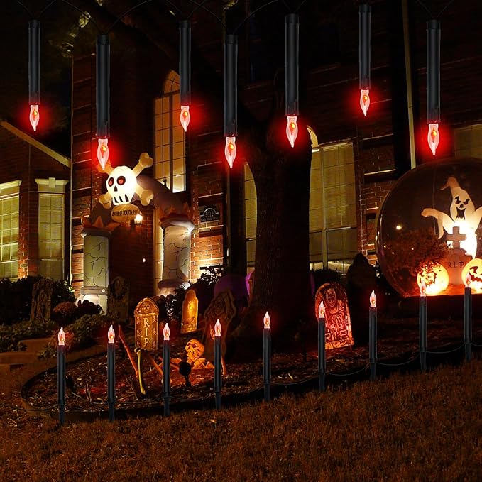 Halloween Pathway Lights Outdoor, 19.5Ft Halloween Pathway Marker String Lights with 10 C18 Flicker Flame Black Candles Stakes Lights Plug in Halloween Walkway Lights for Lawn Garden Sidewalk Driveway