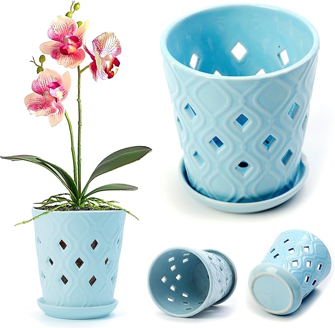Whispering Winds Ceramic 5 x 6 Inch Orchid Pot with Holes & Saucer for Aeration and Drainage - Decorative Orchid Pots for Repotting, Prevent Over Watering & Root Rot (Charlotte Blue)