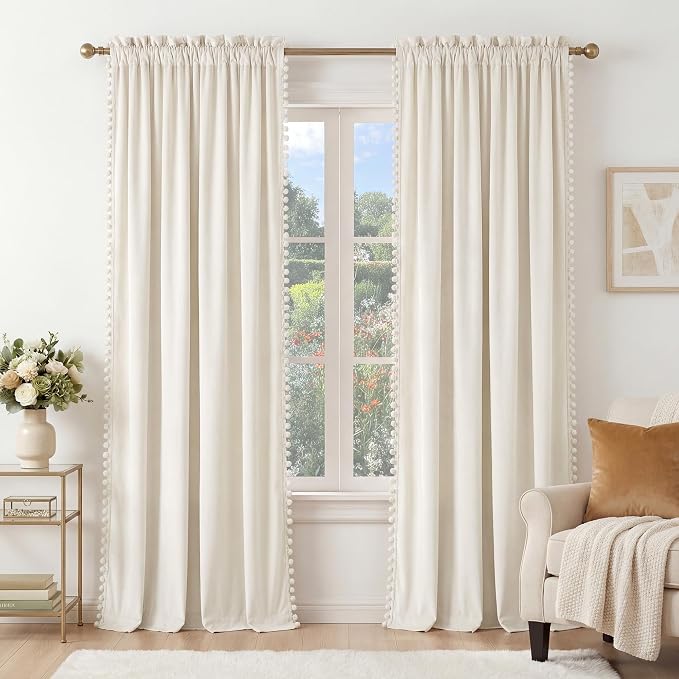 NICETOWN Cute Pom-Pom Trim Velvet Curtains 8 ft Long, Ivory White – Delicate by NICETOWN