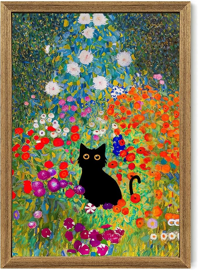 Fantasy Artists Gustav Klimt Canvas Wall Art, Framed Aesthetic Cat Floral Wall by Unknown