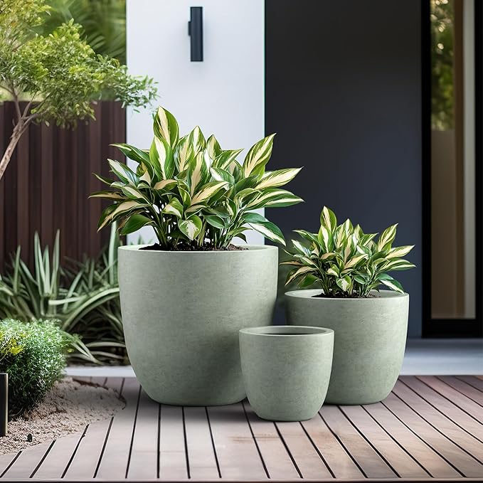 Kante 18",14",10" Dia Concrete Round Planters (Set of 3), Outdoor Indoor Large Planter Pots with Drainage Hole and Rubber Plug for Home Patio Garden, Mint Green