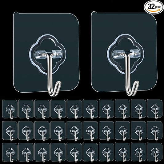 Adhesive Hooks, 32 Pack 33lb Sticky Hooks, Transparent Reusable Removable by DKHDBD