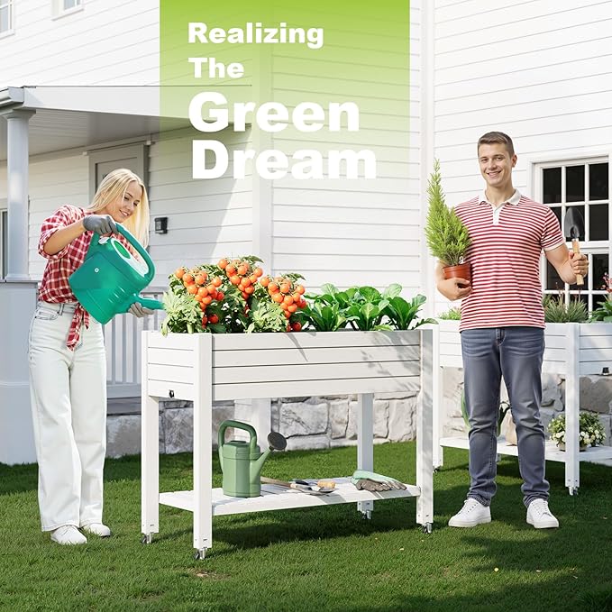 Elevated Raised Garden Bed with Wheels,Outdoor Large Resin Patio Planter Box Stand Divisible with Drain Plug,Water Monitor for Plants Vegetables Flowers Fruits(Ashen)