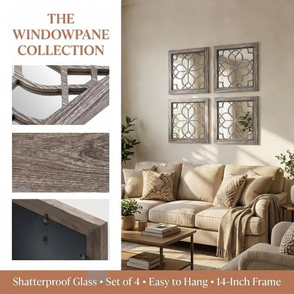Set of 4 14 Inch Square Brown Window Pane Wall Mirrors, Shatterproof Rustic - Image 4