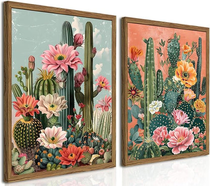 Framed Mexican Cactus Canvas Wall Art Set of 2, Vintage Desert Floral Wall by Unknown