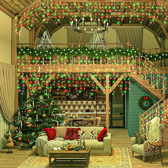 Icicle Lights for Outside, 33FT 400 LED Christmas Lights Outdoor with Waterproof 8 Modes, Plug in Connectable String Twinkle Light for Indoor Roof Window Garden Fence Party Decorations, Red Green