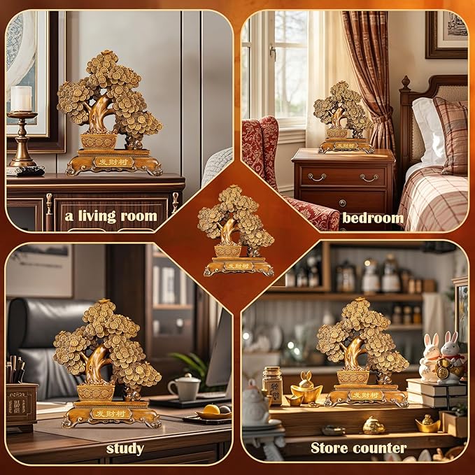 FENGSHUI-CAISHEN Top Resin Money Tree, Artificial Bonsai Tree, Handcrafted, Premium Quality, Feng Shui Gift for Abundance Luck and Success (Brown)