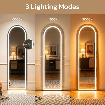 Arched Full Length Mirror with LED Lights, Body Floor Mirrors with Dimming & 3 - Image 3