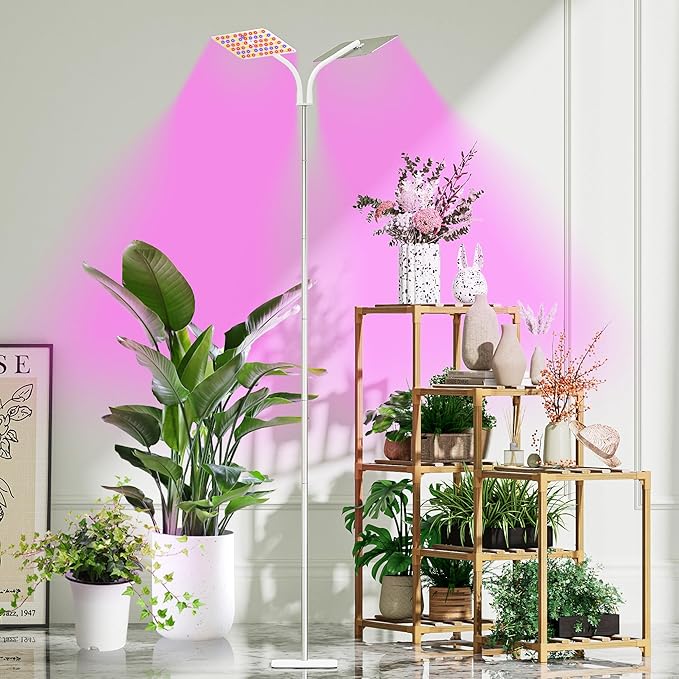 Grow Lights with Base, Double Head, Full Spectrum LED Grow Light for Indoor Plants, 240 Leds, 4 Dimmable Levels, Timer 4/8/12h, 12-60inches Height Adjustable, 36w, Ideal for Desk Small Plants