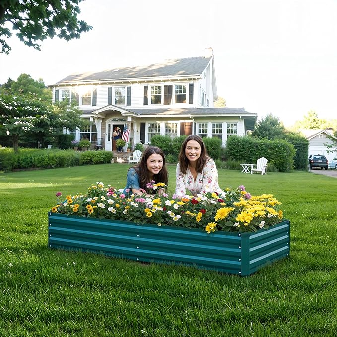Raised Garden Bed Green, 6x3x1ft Galvanized Raised Garden Beds Outdoor for Vegetables Flowers, Raised Bed Planter Box, Metal Raised Garden Bed Kit with Gloves and 3ftx30ft Weed Barrier Fabric