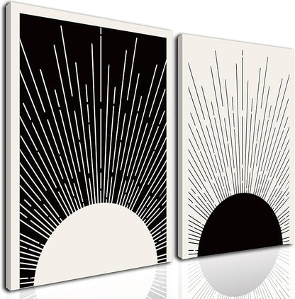Hwetui Framed Boho Sun Wall Art Set of 2 Black and White Minimalist Sunrise by Hwetui