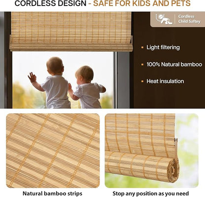 LazBlinds No Tools No Drill Bamboo Roller Shades, Custom Cordless Bamboo Blinds - Image 3