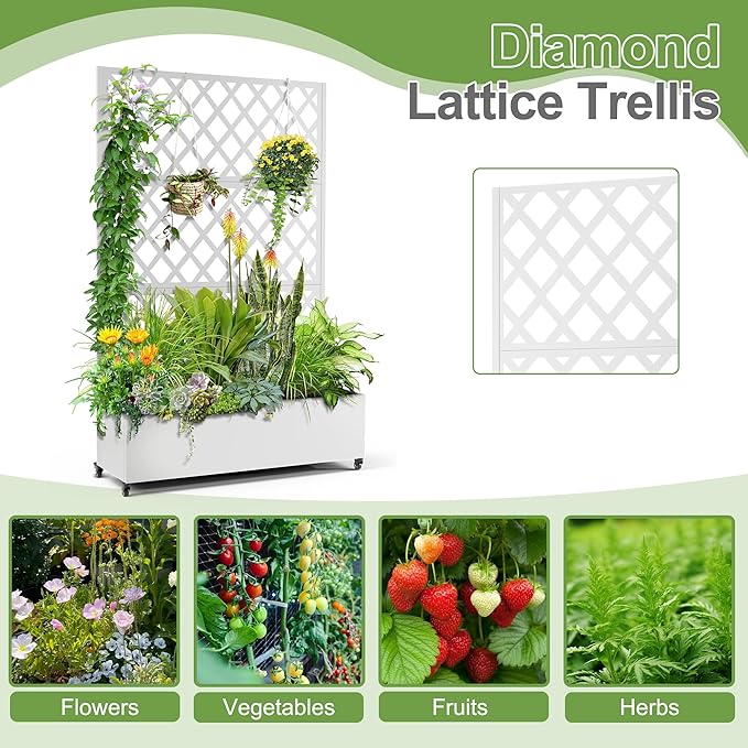 Metal Planter Trellis Box with Wheels & Drain Plug Outdoor Raised Garden Bed Patio Privacy Screen with Planter for Climbing Plants, Vegetables 73"x47"x16" White-Diamond