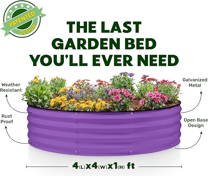 Round Galvanized Raised Garden Bed // 4×4×1 ft (2-Pack) Galvanized Raised Garden Beds Outdoor for Gardening, Vegetables, Flowers // Patented Tool-Free Design Round Planter (Purple)