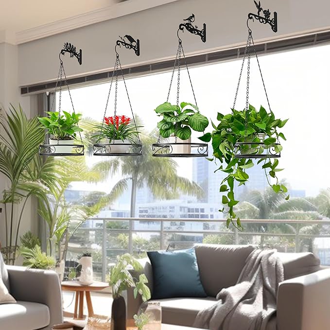 8-Pack Metal Hanging Planters for Outdoor Plants - Heavy Duty 4 Hanging Plant Holder with 4 Bird Patterned Plant Hanger – Aesthetic Flower Pot Holder for an Instant Indoor and Outdoor Decor