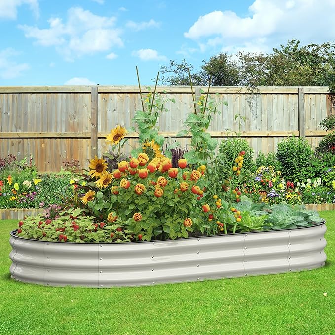 Oval 8x4x1 FT Galvanized Raised Garden Bed Kit, 3 in 1 Large Metal Garden Bed Raised Planter Box, 12” Raised Beds for Gardening Vegetables Flower Herb(Pearl White)