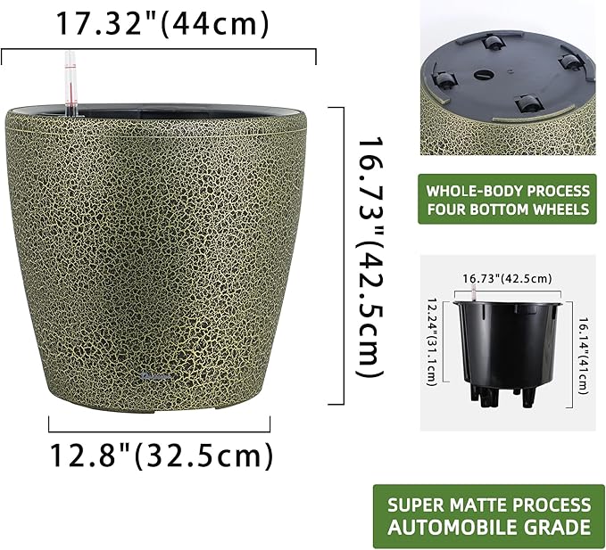 Dexceder 18x17 Self Watering Planter with Wheels Indoor Outdoor, Inner Pot Design, Thickened Large Floor Standing Flower Plant Pot with Water Level Indicator (Black Gold Crackle)