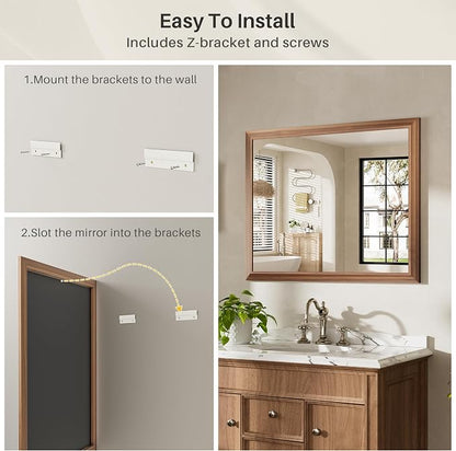 40x32 Inch Bathroom Mirror for Wall, Anti-Rust Walnut Wood Grain Metal Framed - Image 5