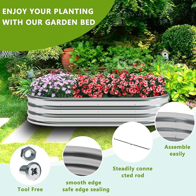 zizin Galvanized Raised Garden Bed Metal Oval Raised Garden Beds Outdoor Planter Box for Vegetables (4x2x1.3FT, Silver)
