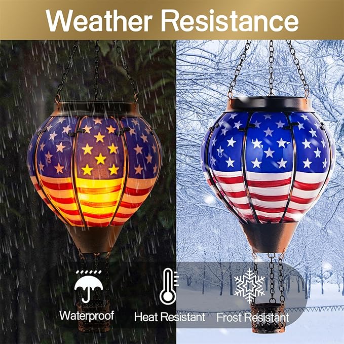Hot Air Balloon Solar Lantern Outdoor - Flame Hanging Solar Light Waterproof Lanterns for Patio Garden Yard Farmhouse Decor, Great Gift(Flag)