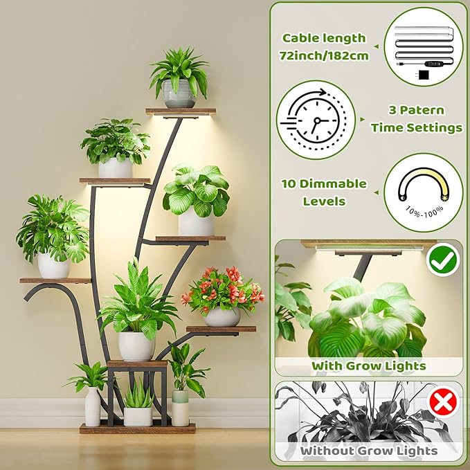 Plant Stand Indoor with Grow Lights - 7 Tiered Corner Plant Shelf Indoor, 43" Tall Plant Stands for Indoor Plants, Metal Plant Shelves, Flower Plant Holder for Living Room, Balcony, Patio Decor