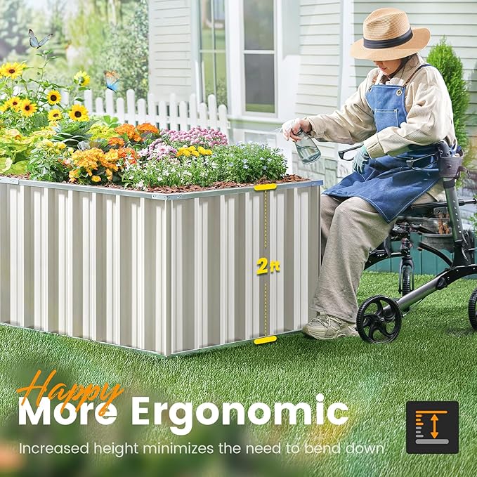 KING BIRD Raised Garden Bed 68" x 36" x 24" Heightened Galvanized Steel Metal Planter Box Outdoor for Deep-Rooted Vegetables, Flowers, Large Raised Bed Kit (Ivory)