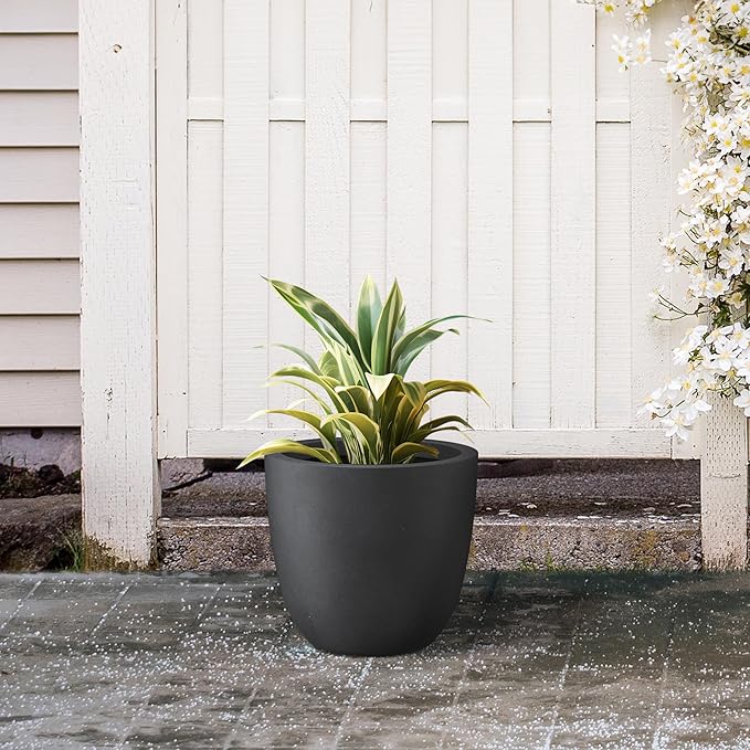 Kante 10 Inch Dia Round Concrete Planter, Indoor Outdoor Large Plant Pot with Drainage Hole and Rubber Plug for Home Patio Garden, Black
