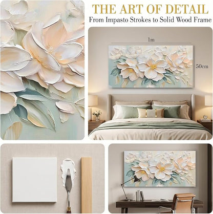 Anolyfi White Textured Flowers Canvas Wall Art - Image 4