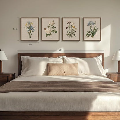 Framed Botanical Floral Wall Art, 4 Piece Vintage Flower Canvas Painting Prints - Image 4