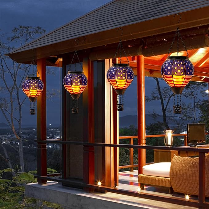 Hot Air Balloon Solar Lantern Outdoor - Flame Hanging Solar Light Waterproof Lanterns for Patio Garden Yard Farmhouse Decor, Great Gift(Flag)