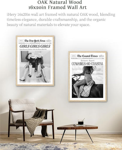 iHery Cowgirls Go Coastal Framed NewsPaper Canvas Wall Art, Natural OAK Wood - Image 7