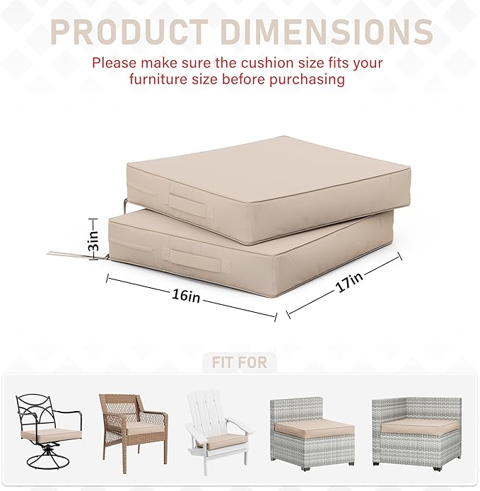 Patio Chair Cushions 17 X 16 X 3 Inch Waterproof Outdoor Seat Cushions for Patio Furniture, Outdoor Sofa Couch Pads with Ties & Handle, Set of 2, Sand