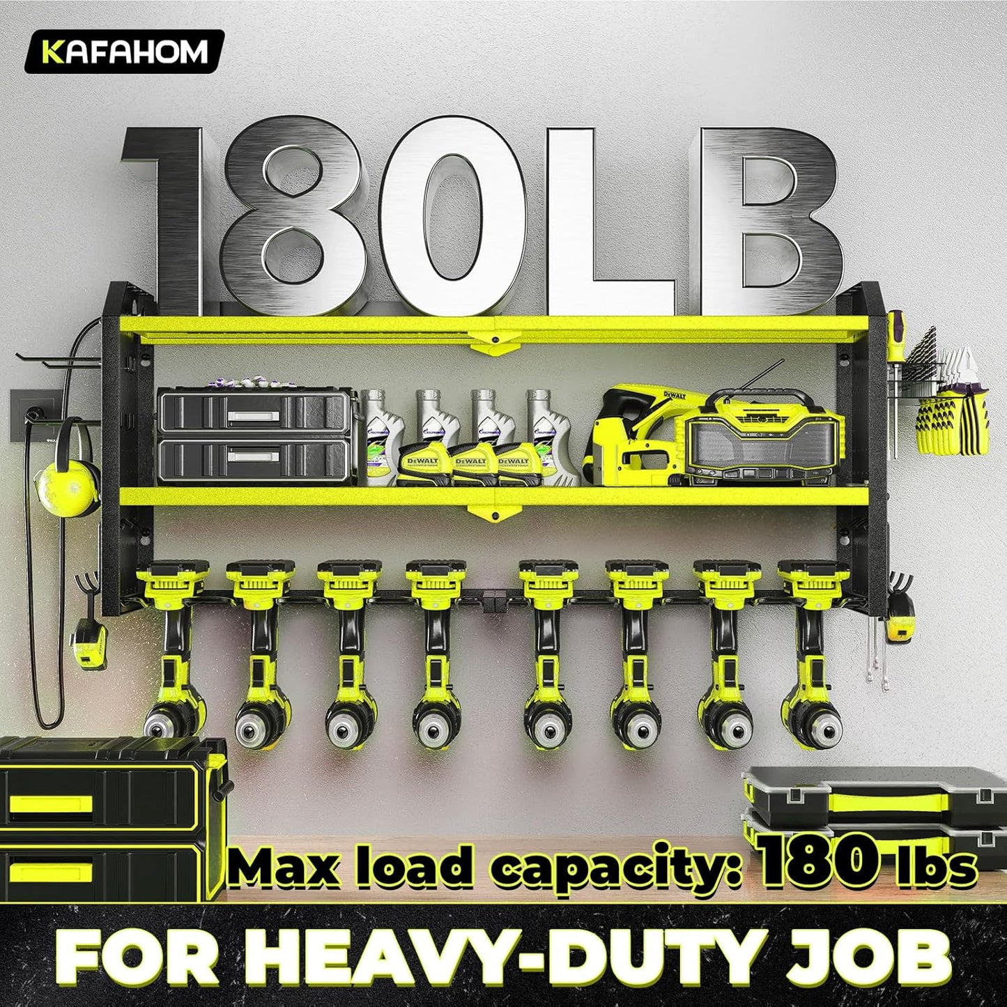 KAFAHOM Power Tool Organizer with Charging Station, Built in 8 Outlet Power Strip,Large 8 Drill Holder Wall Mount, Heavy Duty Metal Power Tool Storage Rack Tool Shelf for Garage Organization