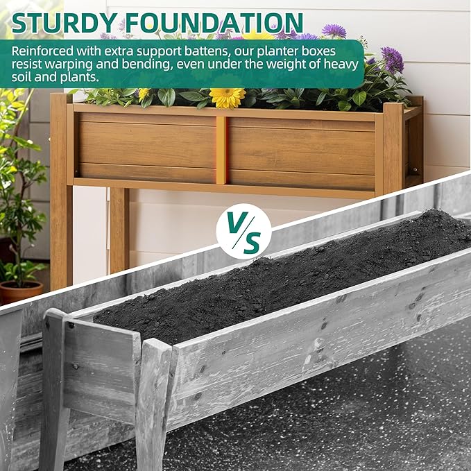 YITAHOME Raised Garden Bed, HIPS Poly Wood Elevated Planter Box with Legs and Drainage Hole, Small Flower Box Stand for Patio Balcony Garden Backyard, Teak